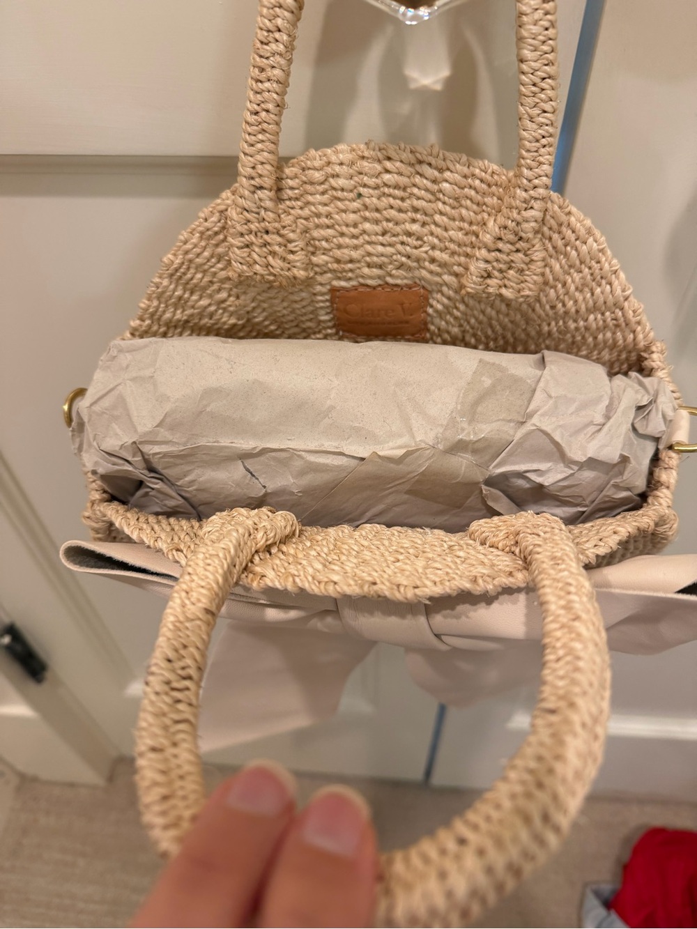 Clare V Round Straw Tote with Large Cream Bow - Picture 3 of 9